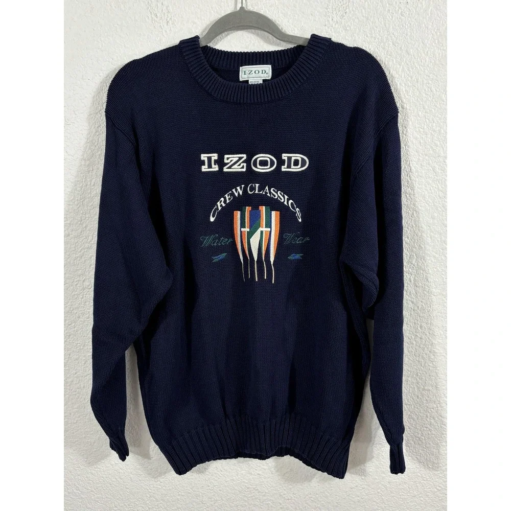 Vintage IZOD Sweater Mens Large Navy Crewneck Cotton Crew Classics Nautical 90s